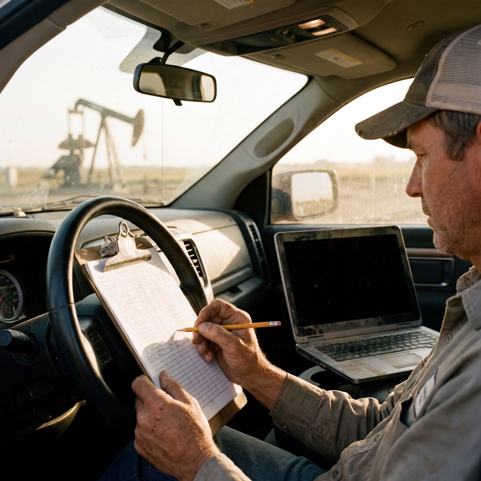 A pumper behind the wheel filling out a paper gauge report on a clipboard while an open, powered-off laptop sits ignored on the passenger seat, a pumpjack through the windshield