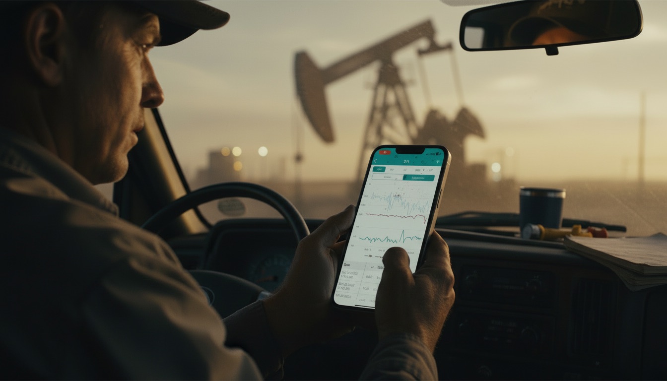 A pumper in his truck checking well production on his phone, a pumpjack through the windshield at golden hour