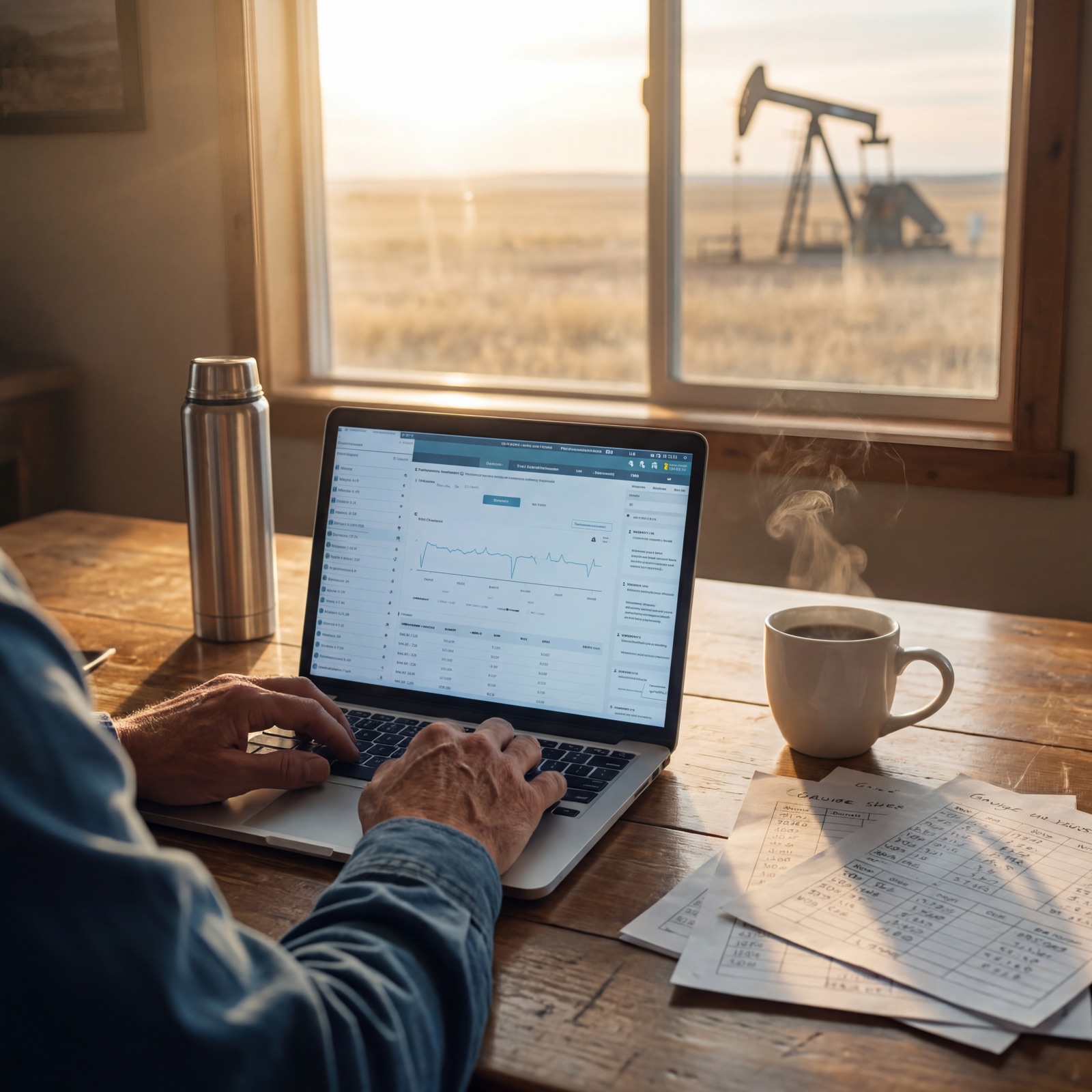 A producer at his kitchen table reviewing well production on a laptop at dawn, gauge sheets beside him, a pumpjack through the window