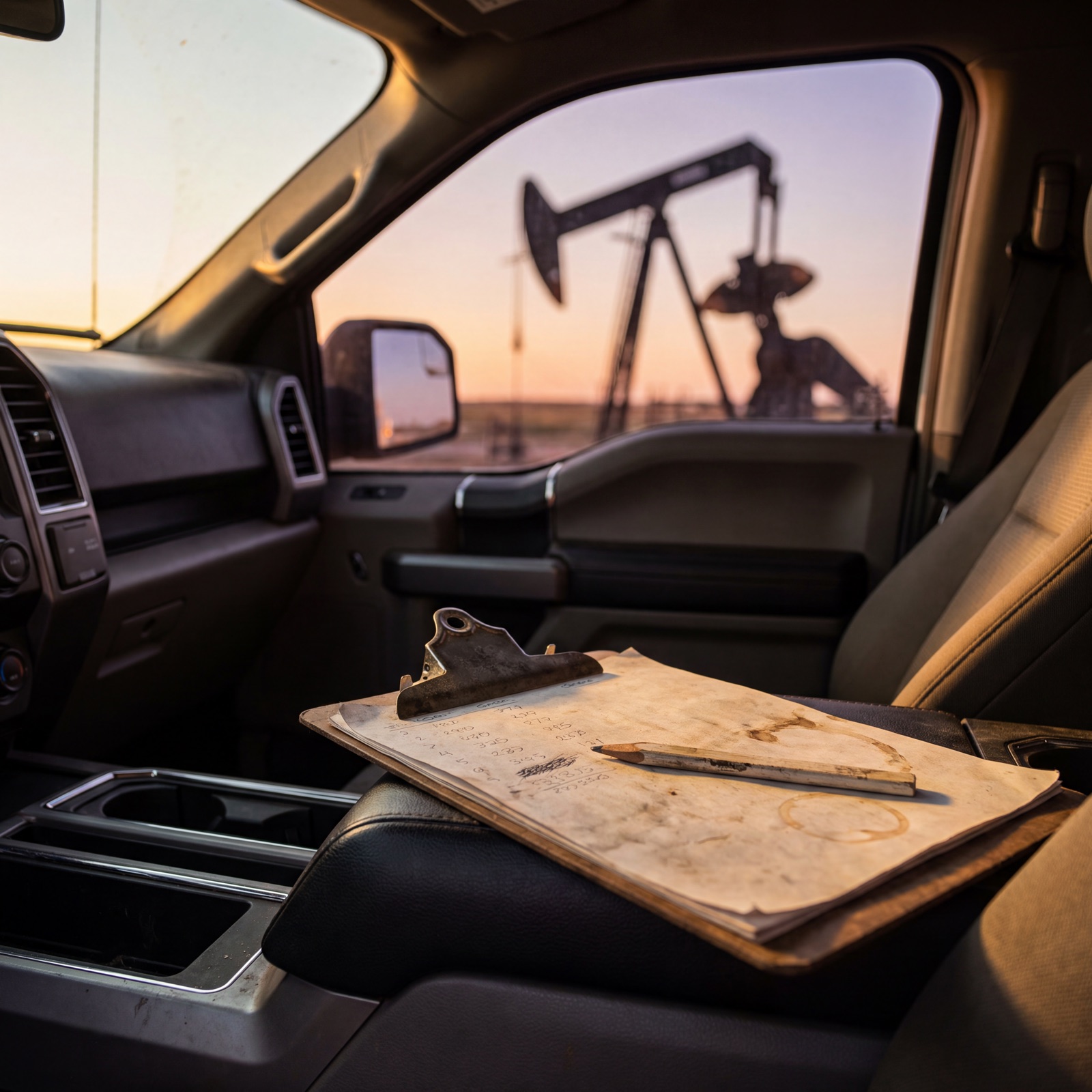 A metal clipboard holding a pencil-written gauge sheet on a truck seat, a pumpjack working through the window behind it