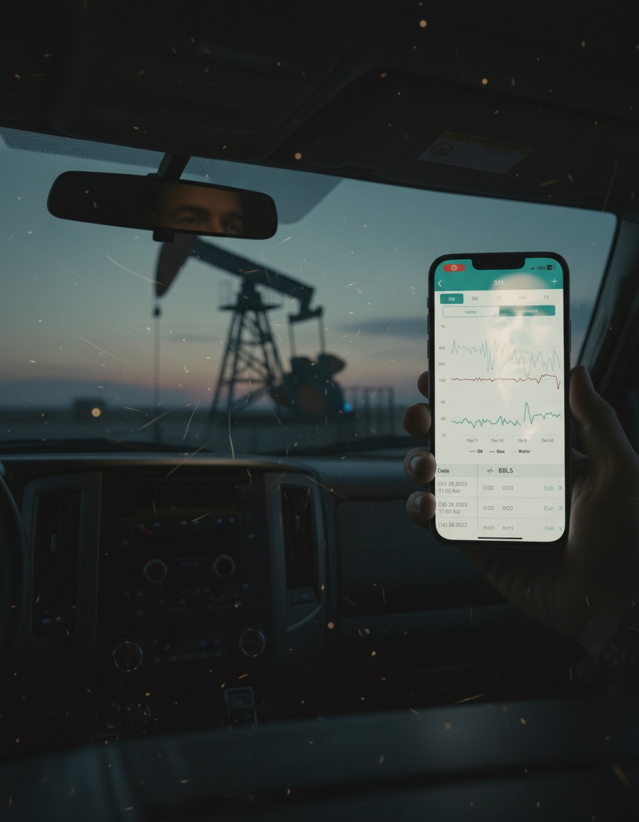A hand holding a phone showing well production charts, a pumpjack through the windshield at dusk