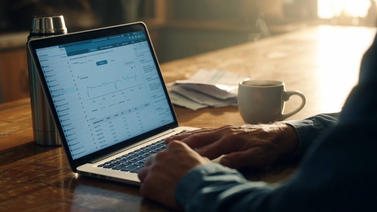 Hands at a laptop on a kitchen table in morning light, reviewing a production dashboard over coffee